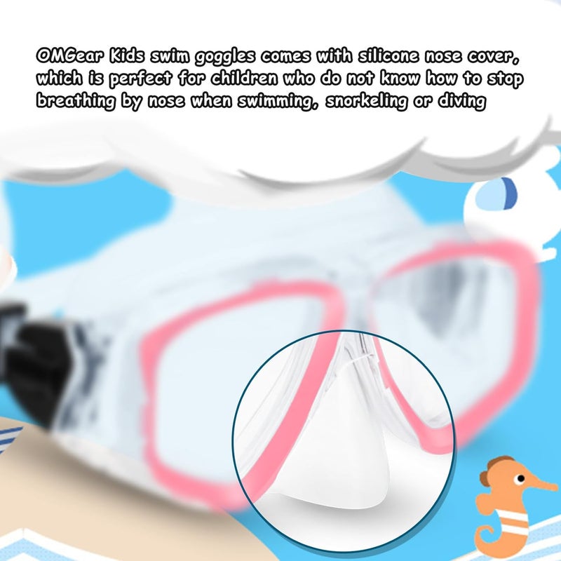 OMGear Goggles Kids Swimming Silicone Swim Mask Snorkeling Gear for Kids Tempered Glass Snorkel Goggles with Nose Cover Scuba Diving Goggles with Cute Neoprene Mask Strap Cover - Image 3